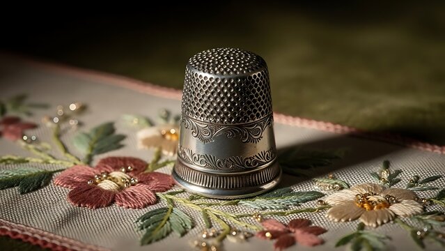 Silver thimble rests on a floral embroidered fabric representing the connection to Mother and traditional sewing crafts