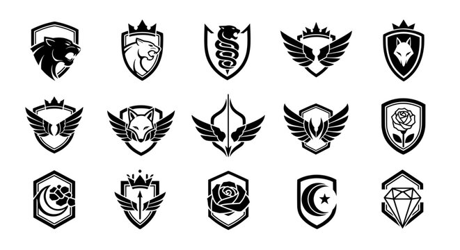 Collection of vector shield emblems with panther snake and wolf heads for gaming clan mascots and corporate security branding identity design