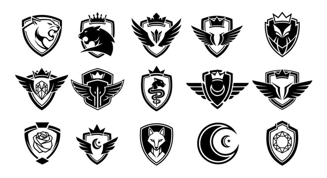 Set of vector heraldic emblems featuring wild animals wings and crowns suitable for luxury brands security agencies and sport team mascots
