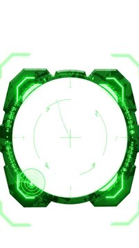 A green, futuristic aiming reticle with camo details against a white backdrop