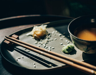 Used wooden chopsticks resting on plate after meal