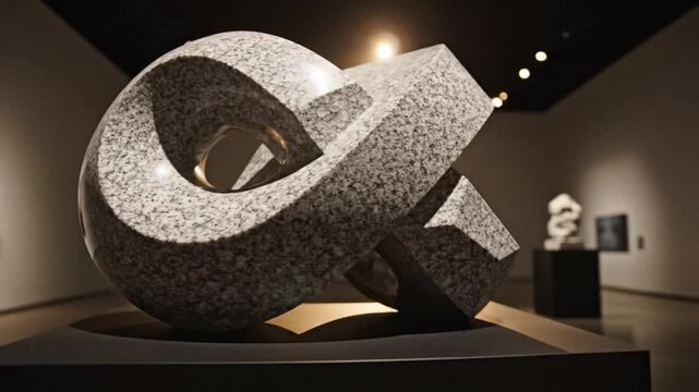 Large abstract stone sculpture on display in a modern art gallery with a bust and framed artworks in the background.