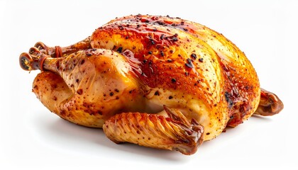Whole roasted chicken, golden brown and perfectly cooked, ready to be served.