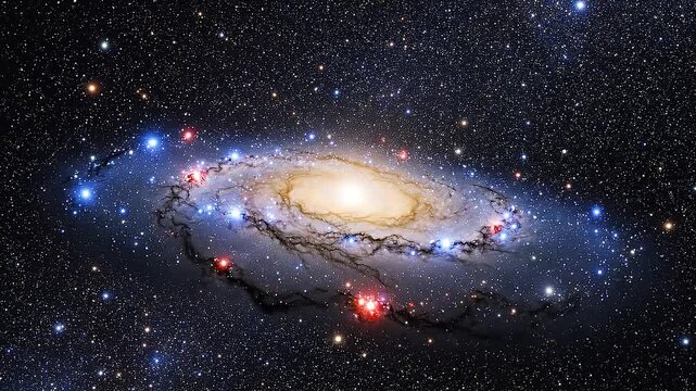 A magnificent spiral galaxy with a glowing central bulge and vibrant star-forming regions illuminates the dark universe, revealing intricate cosmic structures and breathtaking nebulae.