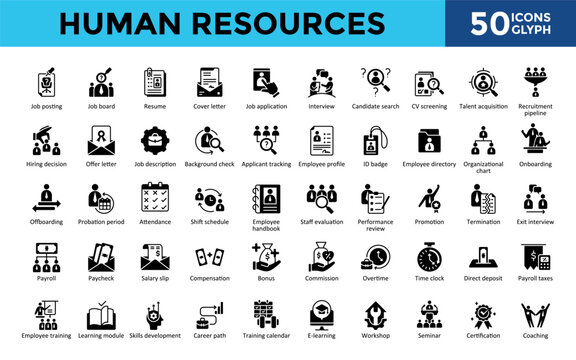 Human Resources icons set with job posting, job board, resume, cover letter, job application, interview, candidate search, talent acquisition icon. Simple glyph vector 
