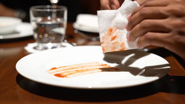 A person's hands diligently wipe a white plate clean of red sauce with a white napkin at a dining table, emphasizing cleanliness.