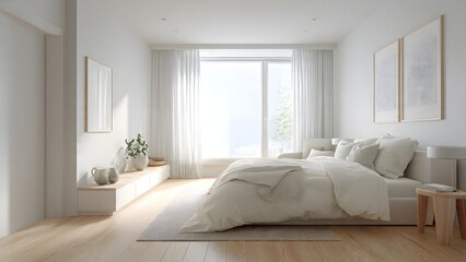 Fototapeta premium A modern living room interior features contemporary furniture and a luxury sofa near a large window, creating a comfortable home design with elegant decor, a soft carpet, and natural light on the floo