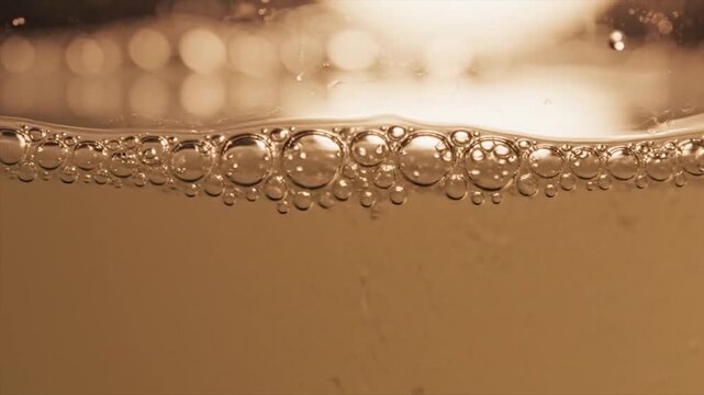 Close-up of sparkling champagne bubbles rising in a glass.