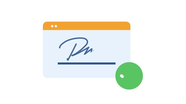 Animated digital signature on a browser window with a green checkmark. Flat 2D motion graphic for online signing and document verification