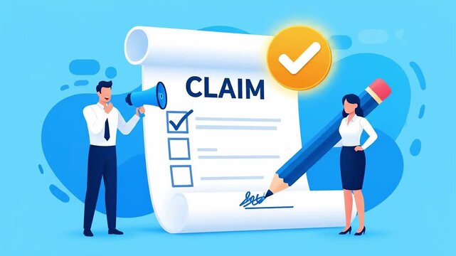 Illustration of a businessman and woman standing beside a large claim form with a checklist and a megaphone, surrounded by a blue background with a yellow verification mark.