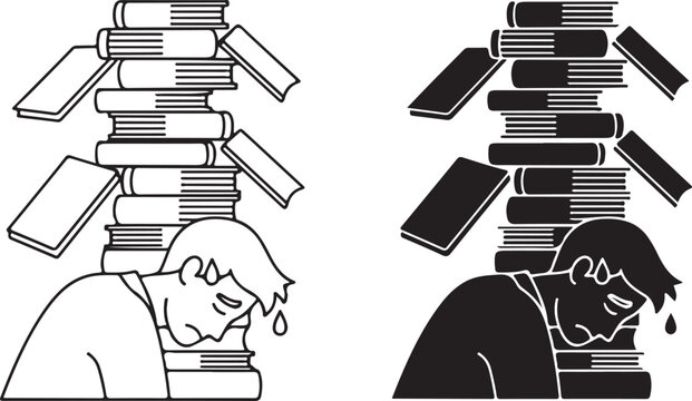 Overwhelmed by the burden of knowledge and responsibilities in academic life isolated on white background, illustration