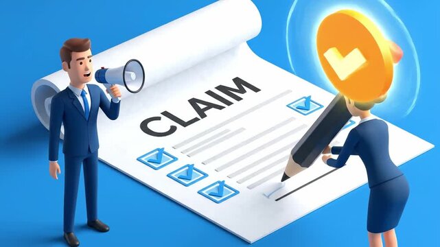 A businessman holding a megaphone stands beside a large claim form while a woman in a blue suit uses a giant pencil to fill it out, with a glowing checkmark nearby on a blue background.