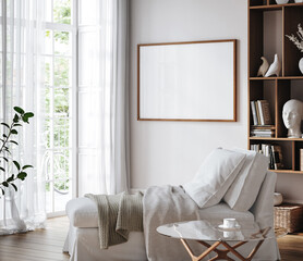 Mockup frame in Scandinavian living room interior background, 3d render