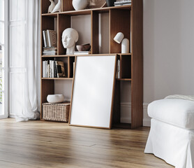 Mockup frame in Scandinavian living room interior background, 3d render