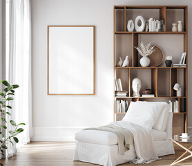 Mockup frame in Scandinavian living room interior background, 3d render