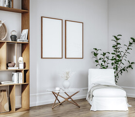 Mockup frame in Scandinavian living room interior background, 3d render