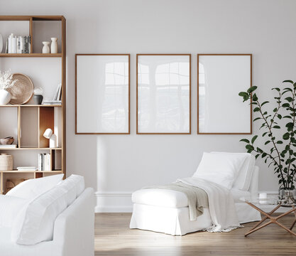 Mockup frame in Scandinavian living room interior background, 3d render