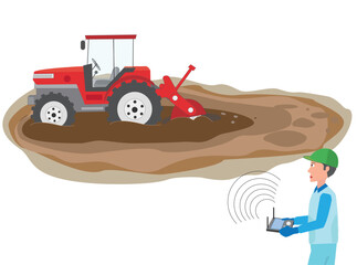 トラクターの無人運転で農作業をしているイラスト素材。