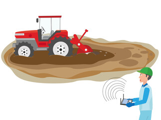 トラクターの無人運転で農作業をしているイラスト素材。