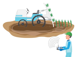 田植え機の無人運転で農作業をしているイラスト素材。