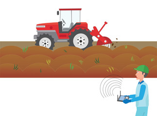 トラクターの無人運転で農作業をしているイラスト素材。