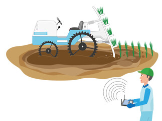 田植え機の無人運転で農作業をしているイラスト素材。