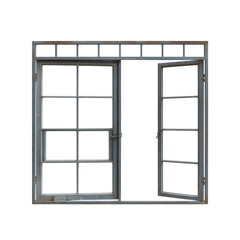 Old metal window with one open panel rusty gray isolated on a transparent background