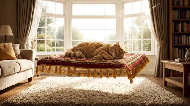 Cat Relaxing on Ottoman in Living Room.