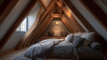 Fototapeta premium A contemporary hotel luxury bedroom interior featuring a comfortable bed with pillows and elegant furniture design by a window in a modern house apartment