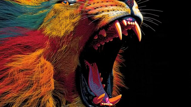 Vibrant Lion Portrait with Open Mouth.