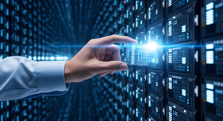 Professional accessing advanced data center technology with futuristic interface