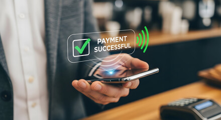 Successful online payment with smartphone in modern setting