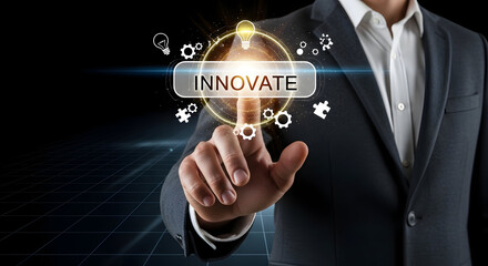 Businessman innovating with glowing icons and gears