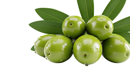 Obraz premium Fresh Green Olives with Water Droplets and Leaves