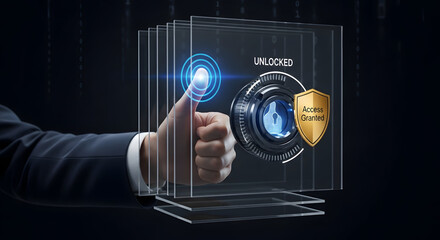 Businessman unlocking secure digital interface with thumbprint scan