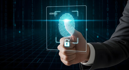 Businessman verifying identity with secure biometric fingerprint scan