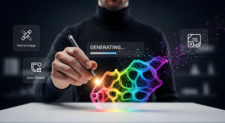 Creative professional generating vibrant digital art with stylized interface