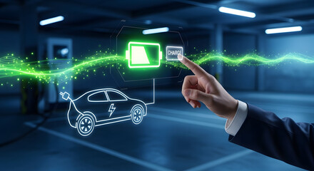 Electric car charging with futuristic interface in modern garage