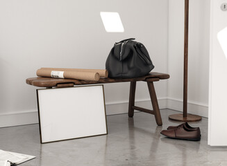 Mockup poster frame in midcentury modern interior, 3d render