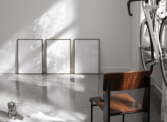 Mockup poster frame in midcentury modern interior, 3d render