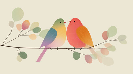 Affectionate Duo on a Branch: Two vibrantly colored birds perched on a delicate branch, their closeness and shared moment capture a gentle feeling of affection and the beauty of simplicity.