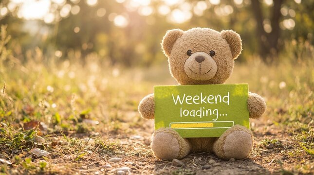 Cute Teddy Bear Holding Weekend Loading Sign in a Sunny Meadow