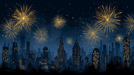 Fireworks over the Cityscape: Fireworks illuminate the night sky above a sprawling cityscape, a vibrant display of color and light adding a festive touch to the urban panorama.