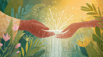 Artistic Connection: Two hands meet, a conduit of energy and life, bathed in a soft, ethereal light, surrounded by a gentle, blooming garden.