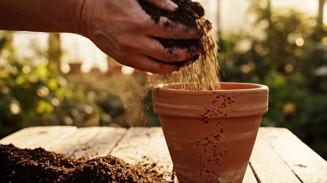 Gardener hands filling terracotta pot with rich soil for planting seedlings.