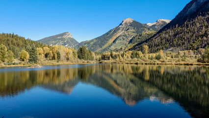 Mountain Lake Reflection with Autumn Trees and Sky
