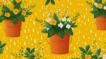 Floral Abundance: A charming, repeated pattern showcases vibrant flower arrangements in rustic buckets against a warm yellow backdrop and a scattering of tiny rain drops. 