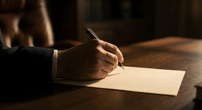 Hand Holding Pen Writing on Paper.