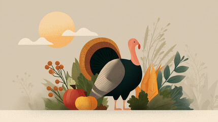 Thanksgiving Turkey: A vibrant illustration depicts a plump turkey amidst a harvest arrangement of autumn elements, symbolizing abundance and the spirit of Thanksgiving.
