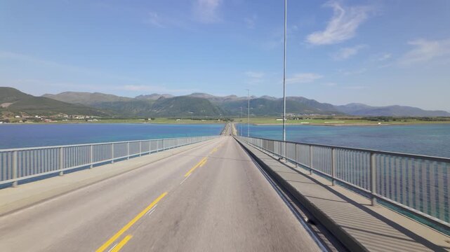 POV From A Vehicle Crossing The Highway On Hadsel Bridge Connecting Langoya and Boroya In Norway.